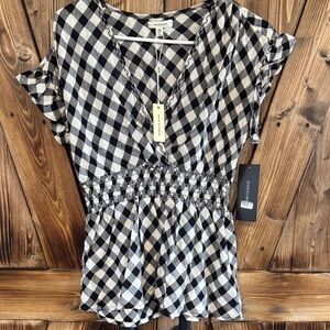 Max Studio Black and White Gingham Smocked Waist V-Neck Blouse